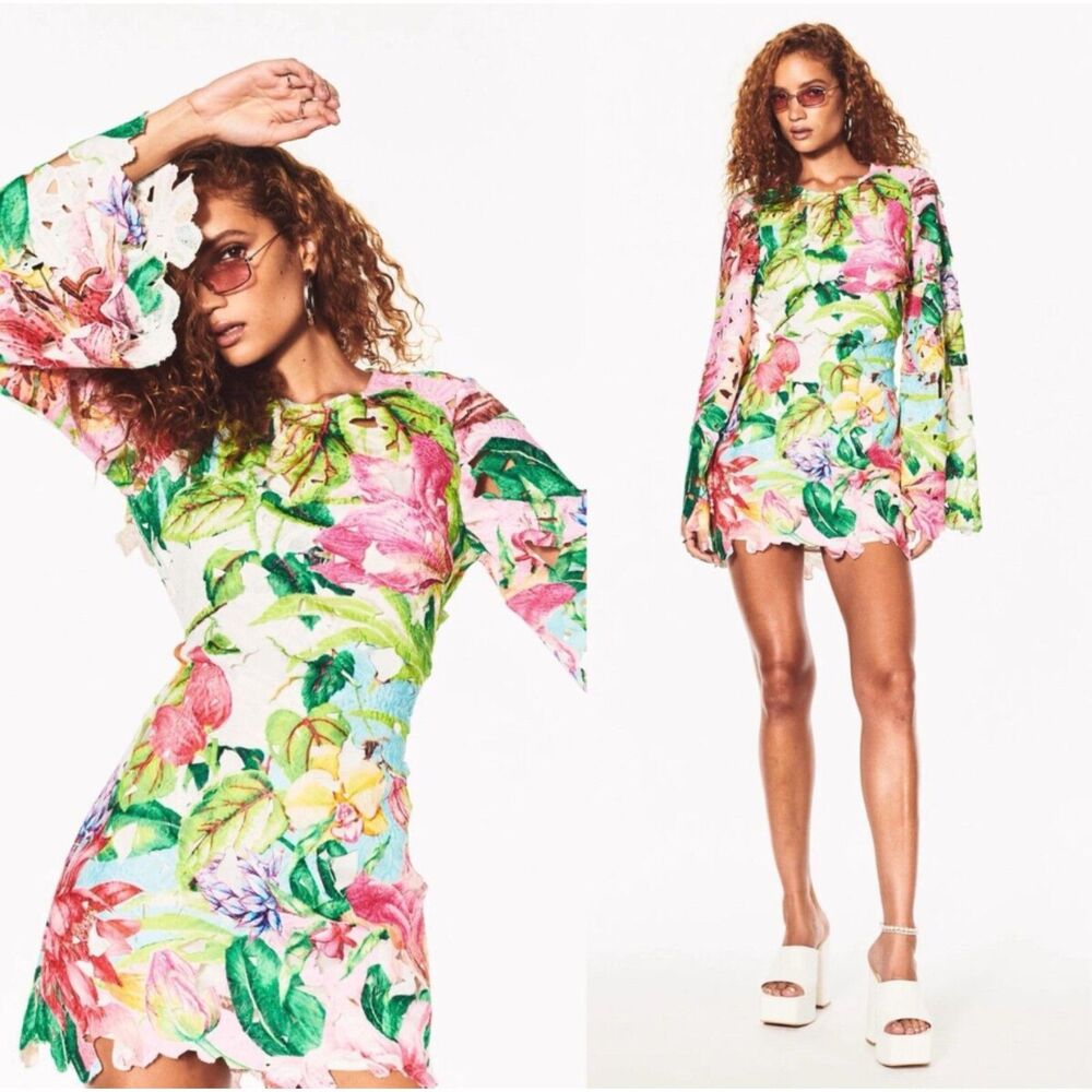 Rococo Sand Long Sleeve Cut out Floral Hibiscus Mini Dress Green Pink Medium